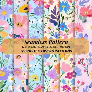 12 Floral Seamless Patterns, Preppy Floral Patterns, Bright Flowers Pattern Pack, Pastel Floral Backgrounds, Floral Digital Paper