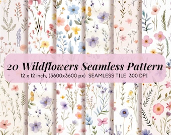 20 Wildflowers Seamless Patterns, Floral Digital Paper, Floral Seamless Pattern, Wildflower Digital Paper, Digital Paper Set.