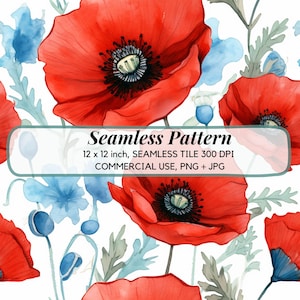 Poppy Flowers Patterns, Seamless Poppy Patterns, Watercolor Poppy Flowers, Red Poppy Pattern, Floral Backgrounds, Floral Digital Paper.