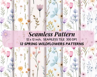 12 Spring Wildflowers Patterns, Floral Digital Paper, Wildflower Seamless Patterns Set, Flower Backgrounds, Printable Paper, Scrapbook Paper