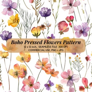 Patrón de flores boho, patrones de flores secas sin costuras, patrón de flores prensadas, fondos florales boho, papel digital floral, diarios basura