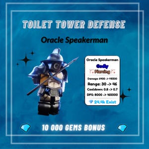 May include: A digital graphic for the game "Toilet Tower Defense" featuring the character "Oracle Speakerman." The character is a robotic figure in blue and silver armor, holding a spear. The image includes game stats and a "10 000 GEMS BONUS" message.