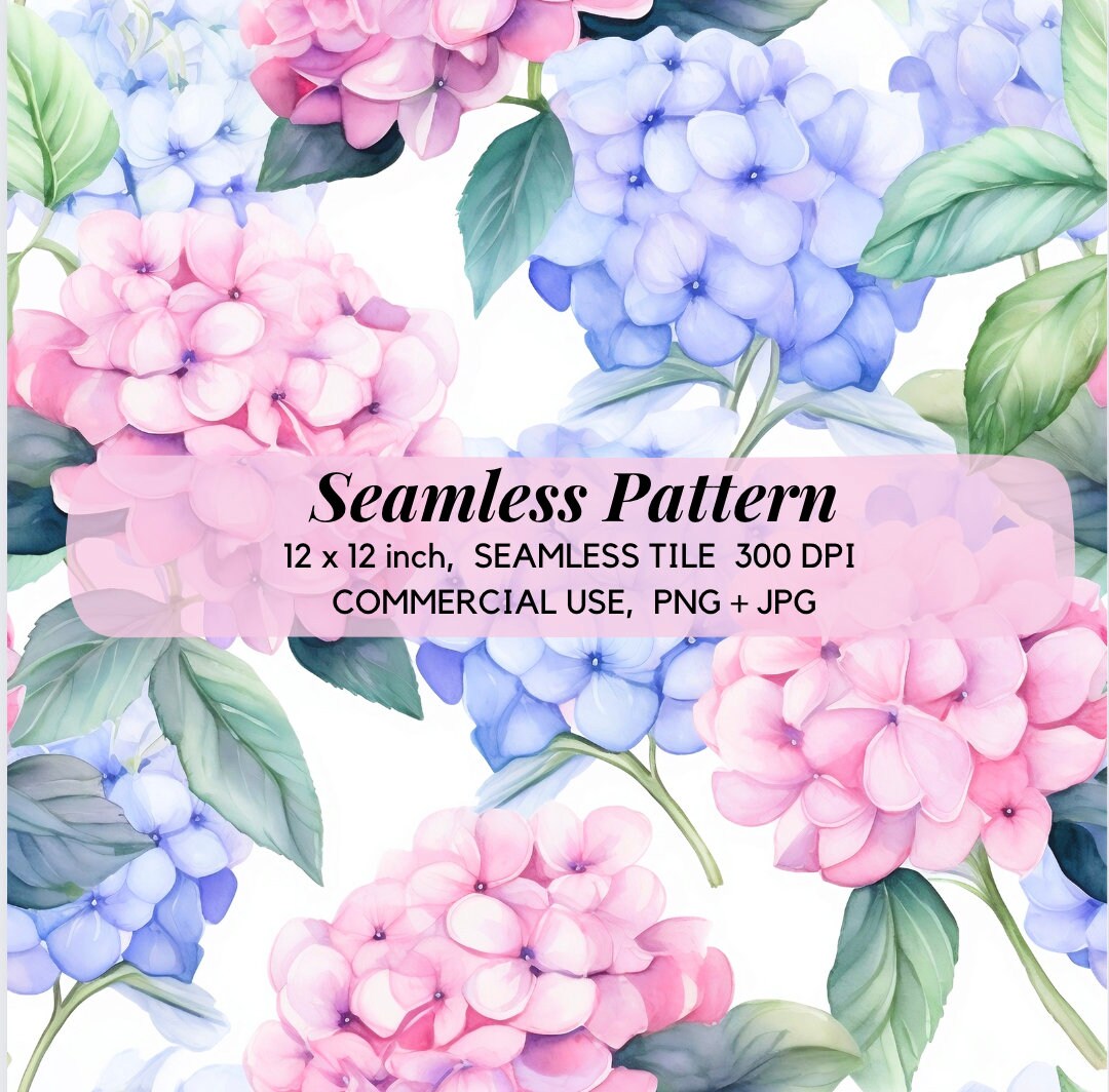 Watercolor Hydrangea Seamless Pattern for Commercial Use, Hortensia ...