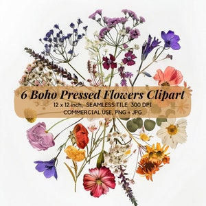 6 Boho Pressed Flowers Clipart, Flores secas, Boho Bouquet Clipart, Wildflowers Clipart, Boho Digital Paper, Paper craft, Junk Journals