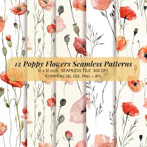 Mohnblumen Muster-Set, nahtlose Mohnmuster, Aquarell Mohnblumen, rote Mohnmuster, florale Hintergründe, florales digitales Papier.