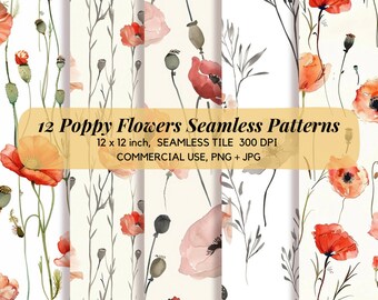 Poppy Flowers Patterns Set, Seamless Poppy Patterns, Watercolor Poppy Flowers, Red Poppy Pattern, Floral Backgrounds, Floral Digital Paper.