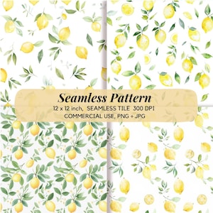 Set of 5 Watercolor Lemons Seamless Patterns, Lemon Digital Paper,  Fruit Background, Summer  Pattern.
