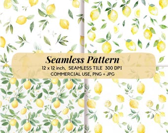 Set of 5 Watercolor Lemons Seamless Patterns, Lemon Digital Paper,  Fruit Background, Summer  Pattern.