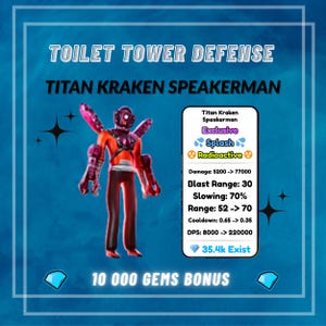 May include: An image for the game "Toilet Tower Defense" featuring the Titan Kraken Speakerman character. The character is red and purple with a robotic design. Text includes "Exclusive", "Splash", "Radioactive", and game stats.