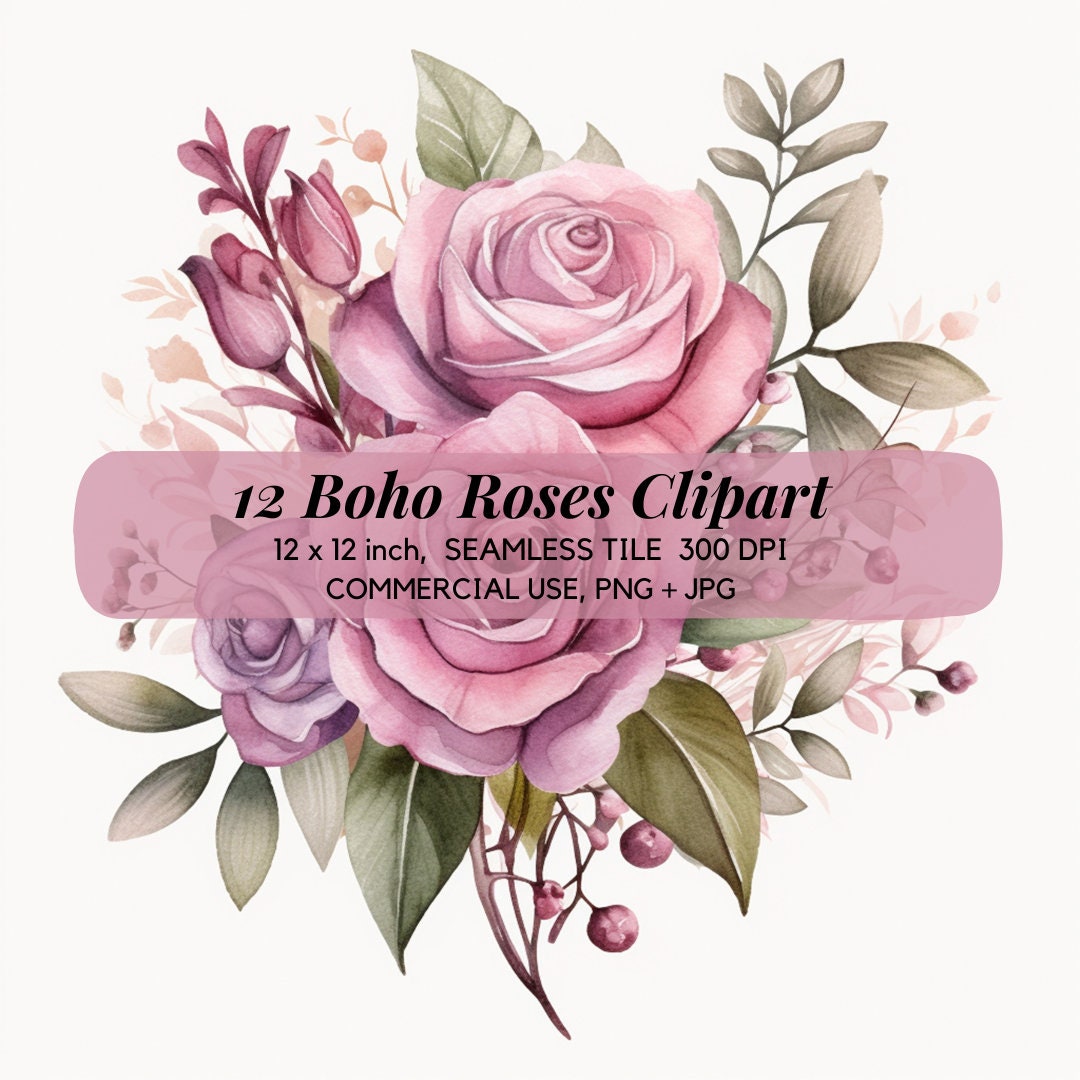 12 Boho Rose Clipart, Watercolor Clipart, Pink Roses Bouquet, Wedding ...