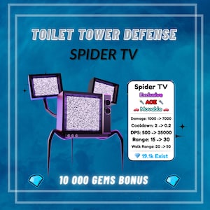 Puede incluir: Ilustración digital de un personaje Spider TV del juego Toilet Tower Defense. El personaje tiene tres pantallas de televisión que muestran estática, con una combinación de colores púrpura y negro. La imagen incluye el texto "10 000 GEMS BONUS".