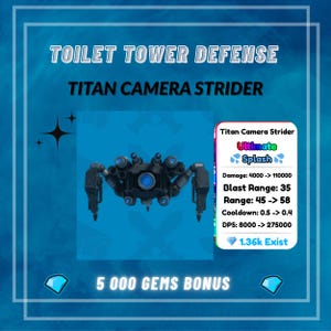 May include: A promotional image for "Toilet Tower Defense" featuring a "Titan Camera Strider." The image showcases a mechanical character with a central camera lens and multiple appendages. Text includes game stats and a "5 000 GEMS BONUS" offer.