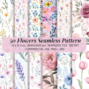 Set di 50 motivi senza soluzione di continuità, carta digitale floreale, pacchetto di motivi senza soluzione di continuità con fiori di campo, sfondi floreali, carta stampabile, set di carta per scrapbooking