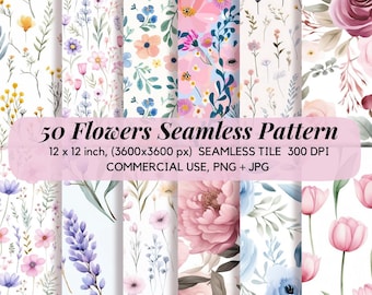 50 Seamless Pattern, Floral Digital Paper, Wildflower Seamless Patterns Set, Flower Backgrounds, Printable Paper, Scrapbook Paper.