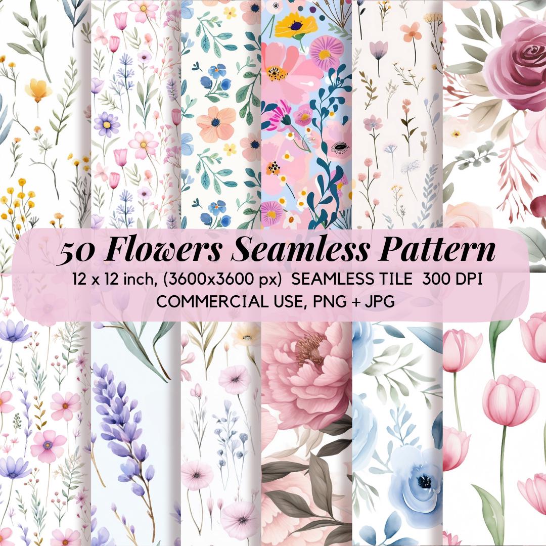 50 Seamless Pattern Set, Floral Digital Paper, Wildflower Seamless Patterns Bundle, Flower Backgrounds, Printable Paper, Scrapbook Paper set