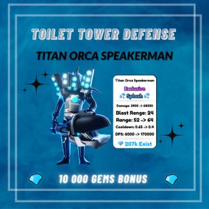 May include: A digital graphic for the game "Toilet Tower Defense" featuring the "Titan Orca Speakerman." The image shows a futuristic robot character with blue and silver accents, a large speaker, and text detailing game stats.