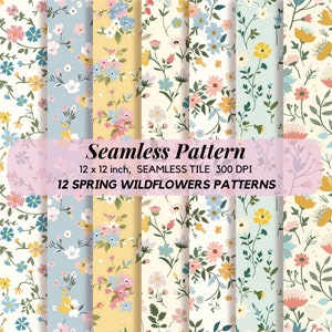 12 Pastell Blumen Muster Set, Florales digitales Papier, Frühling Wildblumen Muster, Blumen Hintergründe, printable Paper Bundle.