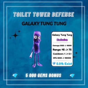 May include: A digital graphic for the game "Toilet Tower Defense" featuring a purple alien character named "Galaxy Tung Tung." The image includes game stats, the word "Exclusive," and a gem bonus. The background is a gradient of blues.