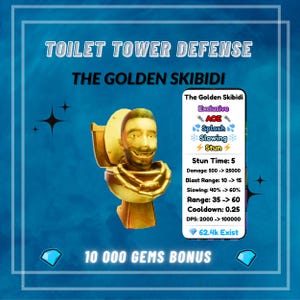 May include: A promotional image for "Toilet Tower Defense" featuring "The Golden Skibidi." The image showcases a golden toilet with a smiling face, surrounded by game details. Text includes "Exclusive," "AOE," "Splash," "Slowing," and "Stun."