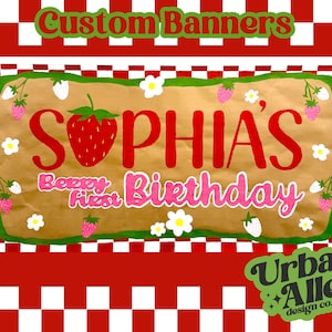 Hand Painted Custom Birthday Party Banner- Personalized Kraft Paper Banner- Party Sign- Backdrop-Strawberry Birthday Party Decor
