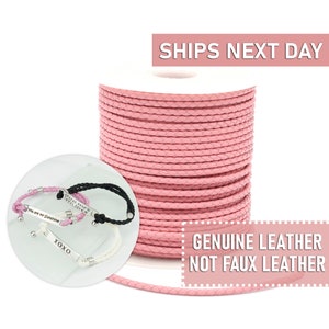 May include: A spool of pink braided leather cord. The cord is made of genuine leather, not faux leather. The text "SHIPS NEXT DAY" and "GENUINE LEATHER NOT FAUX LEATHER" is printed on the image.