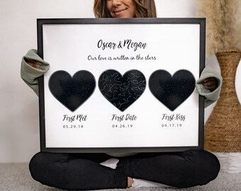 CUSTOM LOVE MAPS- Hello, Will You, I Do, Kunstdruck - 3 Herz Karte - Love Story, Beziehungs-Zeitleiste, Jahrestag, personalisiert