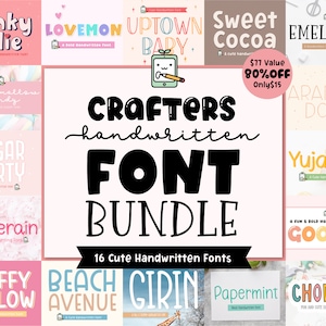 Könnte beinhalten: Eine Sammlung von 16 niedlichen handgeschriebenen Schriftarten, darunter "Winky Julie", "Lovemon", "Uptown Baby", "Sweet Cocoa", "Emelmuji", "Marshmallow Candy", "Sugar Party", "Flowerain", "Puffy Pillow", "Beach Avenue", "Girin", "Arancini Dots", "Yujacha", "Goodie", "Peppermint" und "Choding". Die Schriftarten werden auf bunten Hintergründen mit verschiedenen Designs angezeigt.