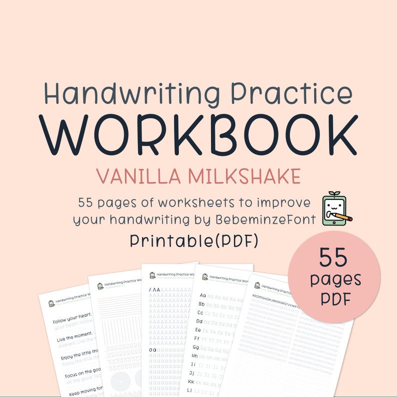 May include: A printable handwriting practice workbook with 55 pages featuring a vanilla milkshake theme. The workbook includes practice sheets for tracing letters and words, as well as motivational quotes.