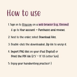 K&ouml;nnte beinhalten: Ein wei&szlig;er Hintergrund mit schwarzem Text, der erkl&auml;rt, wie man einen digitalen Download verwendet. Der Text enth&auml;lt Anweisungen, wie man sich bei Etsy.com anmeldet, Dateien herunterl&auml;dt und entpackt. Er enth&auml;lt auch Anweisungen, wie man PNG-Dateien auf einem iPad importiert oder das PDF-Dokument auf A4-Papier druckt.