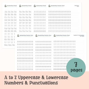 May include: Seven printable handwriting practice sheets for uppercase and lowercase letters, numbers, and punctuation marks. The sheets are designed to help children learn to write neatly and legibly.