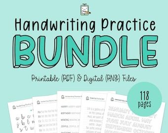 May include: A bundle of 118 printable handwriting practice worksheets for kids. The worksheets feature a variety of alphabet letters, numbers, and words like "happy", "birthday", "making", "joyful", "awesome", "grace", and "next".
