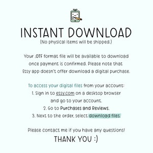 Puede incluir: Hoja de informaci&oacute;n blanca con las palabras "INSTANT DOWNLOAD" en una fuente grande, negra y manuscrita. Se incluyen instrucciones sobre c&oacute;mo acceder al archivo digital, junto con un mensaje de agradecimiento.