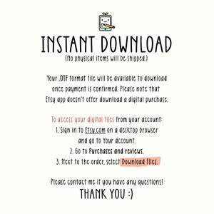 May include: A digital download graphic with a cartoon illustration of a tablet and pencil. The text reads "INSTANT DOWNLOAD (No physical items will be shipped.)" and provides instructions on how to access digital files from an Etsy account.