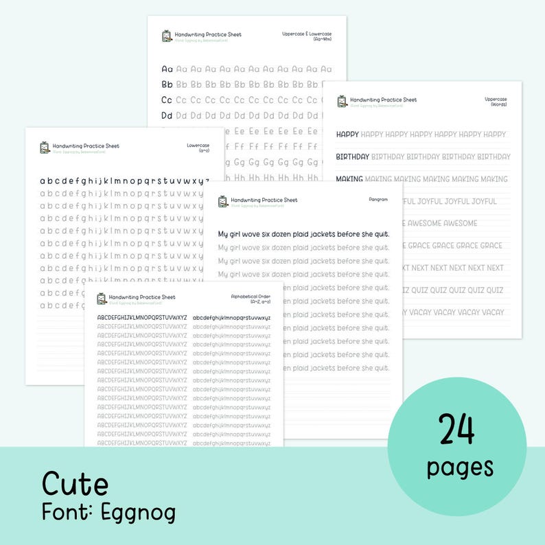 Pode incluir: Um conjunto de 24 folhas de pr&aacute;tica de caligrafia imprim&iacute;veis com uma fonte fofa e manuscrita chamada Eggnog. As folhas incluem letras mai&uacute;sculas e min&uacute;sculas, bem como palavras e frases comuns para praticar a caligrafia.