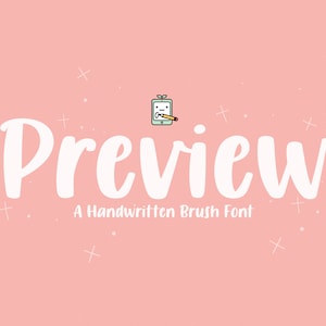 May include: Preview, a handwritten brush font, is displayed in white against a light pink background with white stars and plus signs. A small cartoon illustration of a tablet with a pencil is above the text.