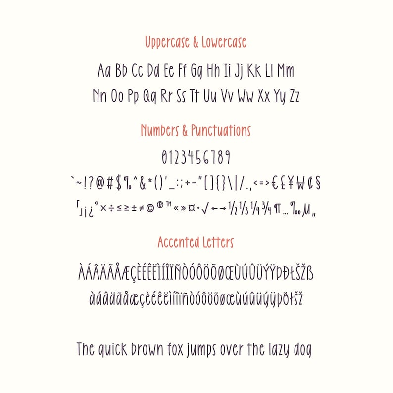 May include: A handwritten font alphabet with uppercase and lowercase letters, numbers, punctuation marks, and accented letters. The text "The quick brown fox jumps over the lazy dog" is shown at the bottom of the image.