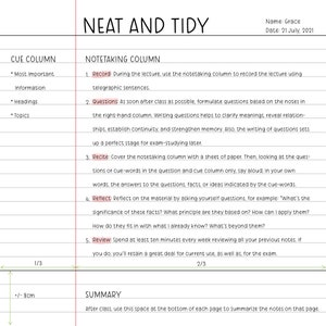 Puede incluir: Una gu&iacute;a de estudio manuscrita titulada "NEAT AND TIDY" con columnas para notas clave y toma de notas. La gu&iacute;a incluye secciones para grabar, cuestionar, recitar, reflexionar y revisar informaci&oacute;n. La fecha es el 21 de julio de 2021.