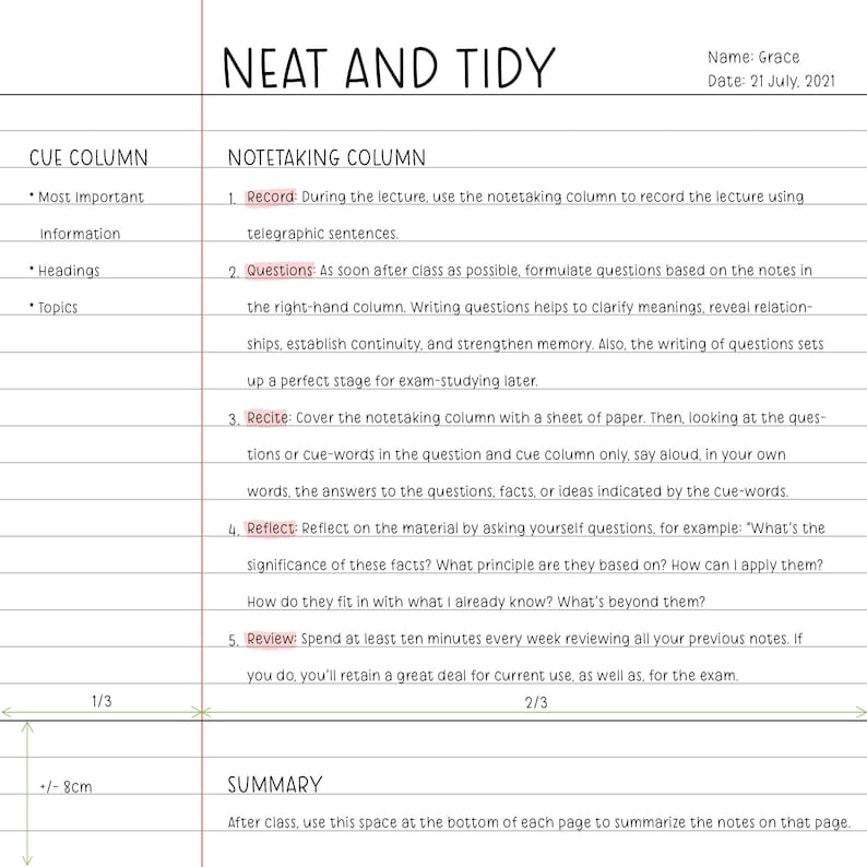 Puede incluir: Una gu&iacute;a de estudio manuscrita titulada "NEAT AND TIDY" con columnas para notas clave y toma de notas. La gu&iacute;a incluye secciones para grabar, cuestionar, recitar, reflexionar y revisar informaci&oacute;n. La fecha es el 21 de julio de 2021.