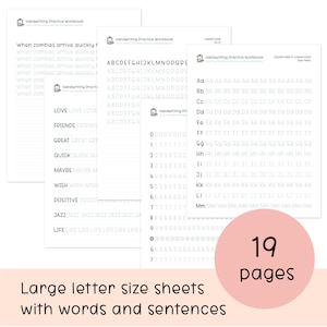 May include: A workbook with 19 pages for handwriting practice. The workbook includes uppercase and lowercase letters, numbers, and words to practice writing. The workbook is designed for children learning to write.