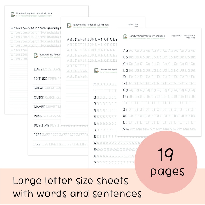 May include: A workbook with 19 pages for handwriting practice. The workbook includes uppercase and lowercase letters, numbers, and words to practice writing. The workbook is designed for children learning to write.