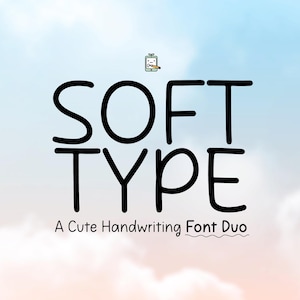 Puede incluir: Un dúo de fuentes de escritura a mano lindas llamado "Soft Type" con una ilustración de dibujos animados de una tableta y un lápiz sobre el texto.