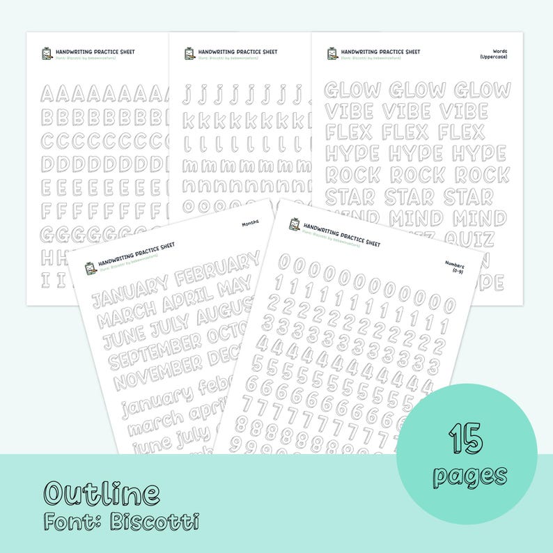 Pode incluir: Um conjunto de 15 folhas de pr&aacute;tica de caligrafia imprim&iacute;veis que incluem letras mai&uacute;sculas, letras min&uacute;sculas, meses do ano, n&uacute;meros de 0 a 9 e palavras. As folhas s&atilde;o projetadas para ajudar as crian&ccedil;as a praticar suas habilidades de escrita.