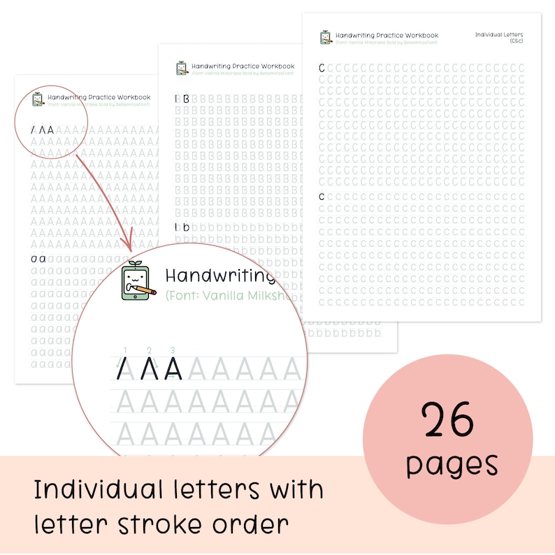 May include: A set of 26 printable handwriting practice worksheets featuring individual letters with stroke order instructions. The worksheets are designed to help children learn to write the alphabet in a clear and legible way. The font used is Vanilla Milkshake.