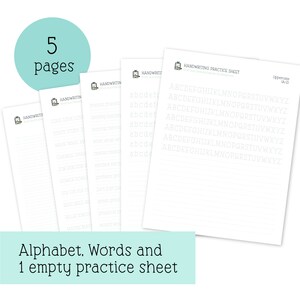 May include: Five printable handwriting practice sheets.  Four sheets feature words and lines for practicing handwriting. One sheet features the alphabet in uppercase letters.  The text on the sheets reads "Handwriting Practice Sheet" and "Uppercase (A-Z)".