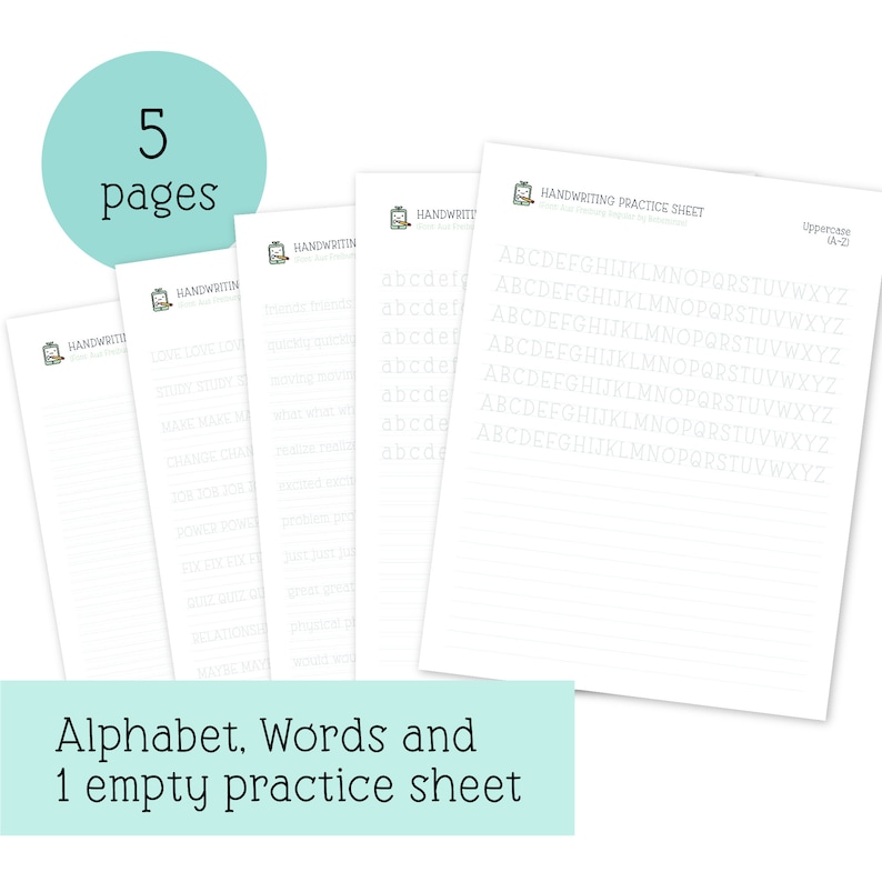 May include: Five printable handwriting practice sheets.  Four sheets feature words and lines for practicing handwriting. One sheet features the alphabet in uppercase letters.  The text on the sheets reads "Handwriting Practice Sheet" and "Uppercase (A-Z)".