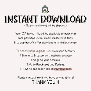 K&ouml;nnte beinhalten: Textgrafik mit den Worten "INSTANT DOWNLOAD" in fetten, schwarzen Buchstaben. Unter dem Text befindet sich eine Textzeile mit der Aufschrift "Keine physischen Artikel werden versandt." Der Text darunter erkl&auml;rt, wie man einen digitalen Kauf von Etsy.com herunterl&auml;dt. Die letzte Textzeile lautet "DANKE :)"