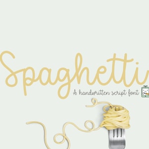 Może przedstawiać: Czcionka pisana odręcznie o nazwie "Spaghetti" w kolorze żółtym. Czcionka jest w stylu skryptu. Słowo "Spaghetti" jest napisane kursywą. Tekst "A handwritten script font" jest napisany pod słowem "Spaghetti". Rysunek kreskówkowy tabletu z ołówkiem znajduje się obok tekstu. Widelec ze spaghetti na nim jest pokazany pod tekstem.