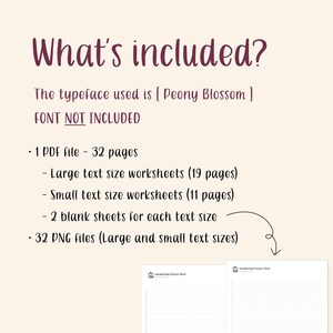 K&ouml;nnte beinhalten: Ein digitaler Download von 32 druckbaren Arbeitsbl&auml;ttern zum &Uuml;ben der Handschrift. Die Arbeitsbl&auml;tter umfassen zwei verschiedene Textgr&ouml;&szlig;en, gro&szlig; und klein, sowie zwei leere Bl&auml;tter f&uuml;r jede Gr&ouml;&szlig;e. Der Download umfasst 19 Seiten mit gro&szlig;en Text-Arbeitsbl&auml;ttern, 11 Seiten mit kleinen Text-Arbeitsbl&auml;ttern und 32 PNG-Dateien.