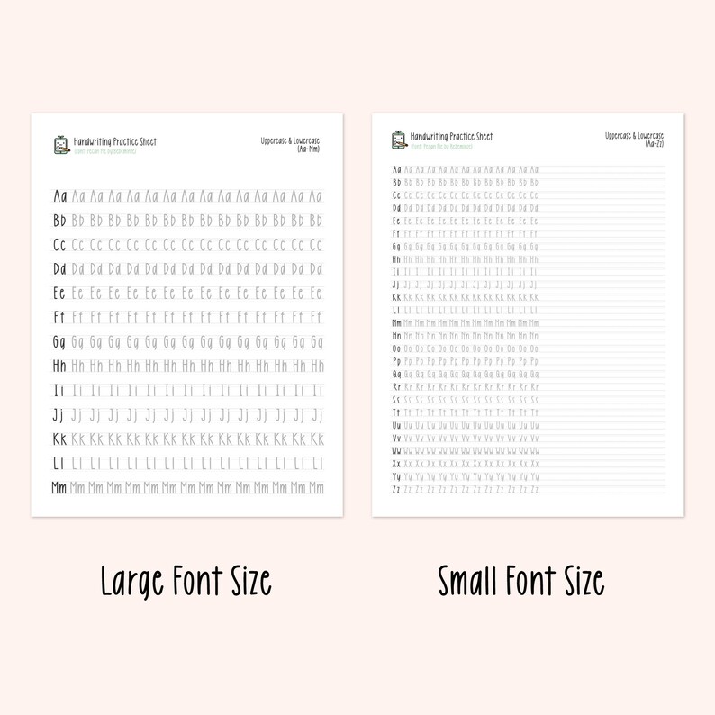 Może przedstawiać: Dwa drukowane arkusze do ćwiczenia pisma z dużymi i małymi literami. Lewy arkusz zawiera większy rozmiar czcionki, a prawy arkusz zawiera mniejszy rozmiar czcionki.