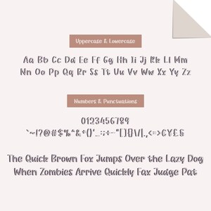 K&ouml;nnte beinhalten: Ein Schriftarten-Diagramm, das Gro&szlig;- und Kleinbuchstaben, Zahlen und Satzzeichen zeigt. Die Schriftart ist handgeschrieben mit braunem Umriss. Der Text "The Quick Brown Fox Jumps Over the Lazy Dog When Zombies Arrive Quickly Fax Judge Pat" wird unterhalb des Schriftarten-Diagramms angezeigt.